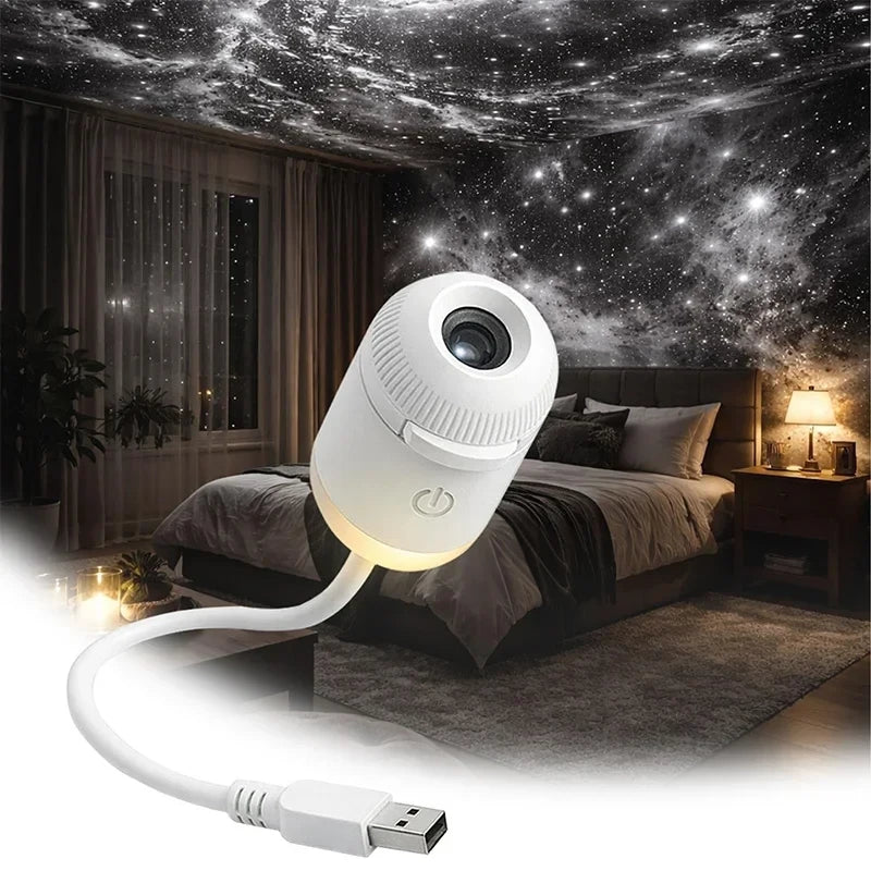 Galaxy Star Projector casting stars and aurora lights on a bedroom ceiling